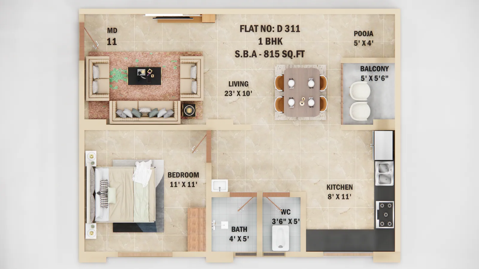 Floor plan preview for the 1 BHK residence