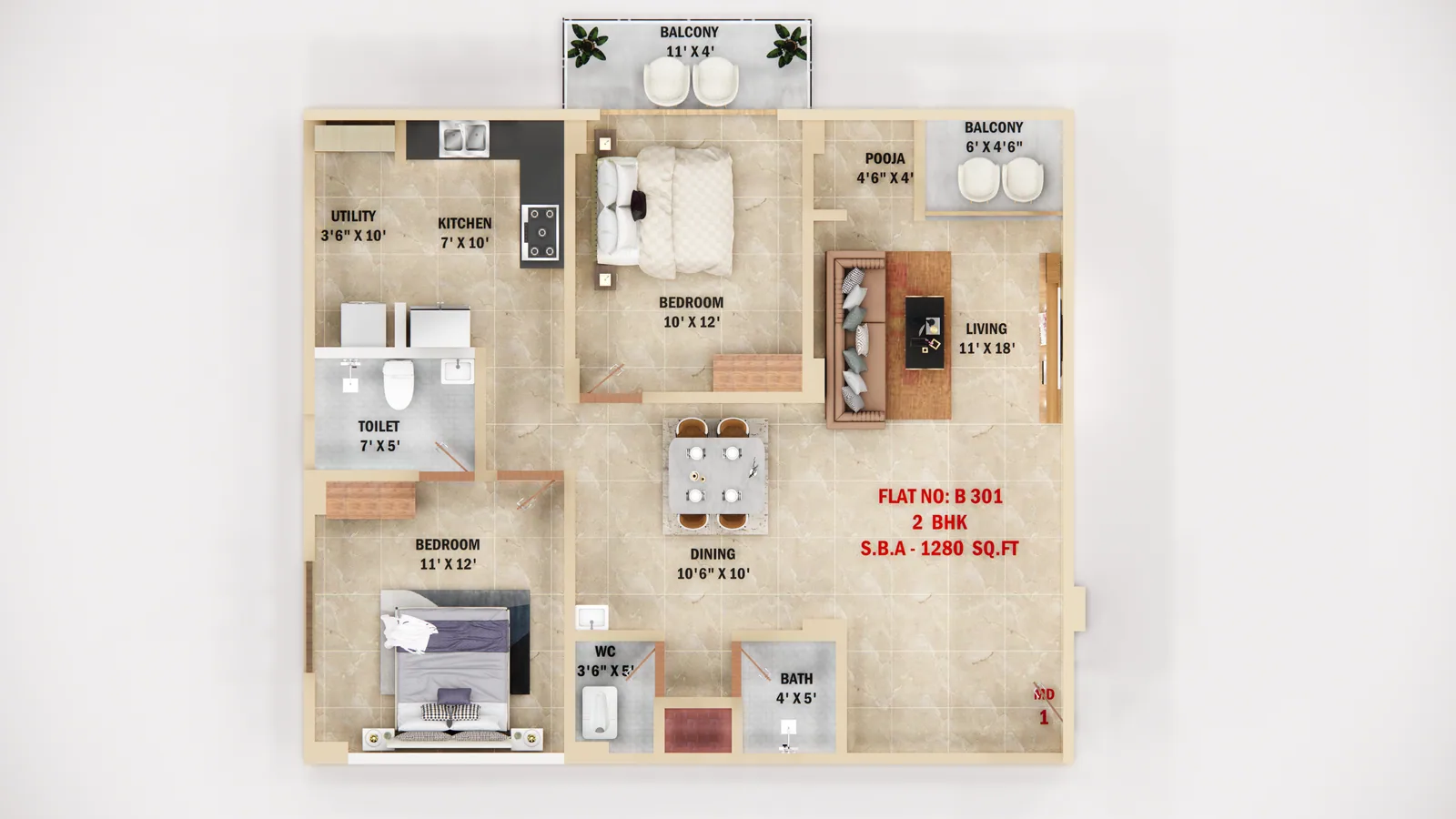Architectural floor plan for the 2 BHK residence at Vani Vilasa