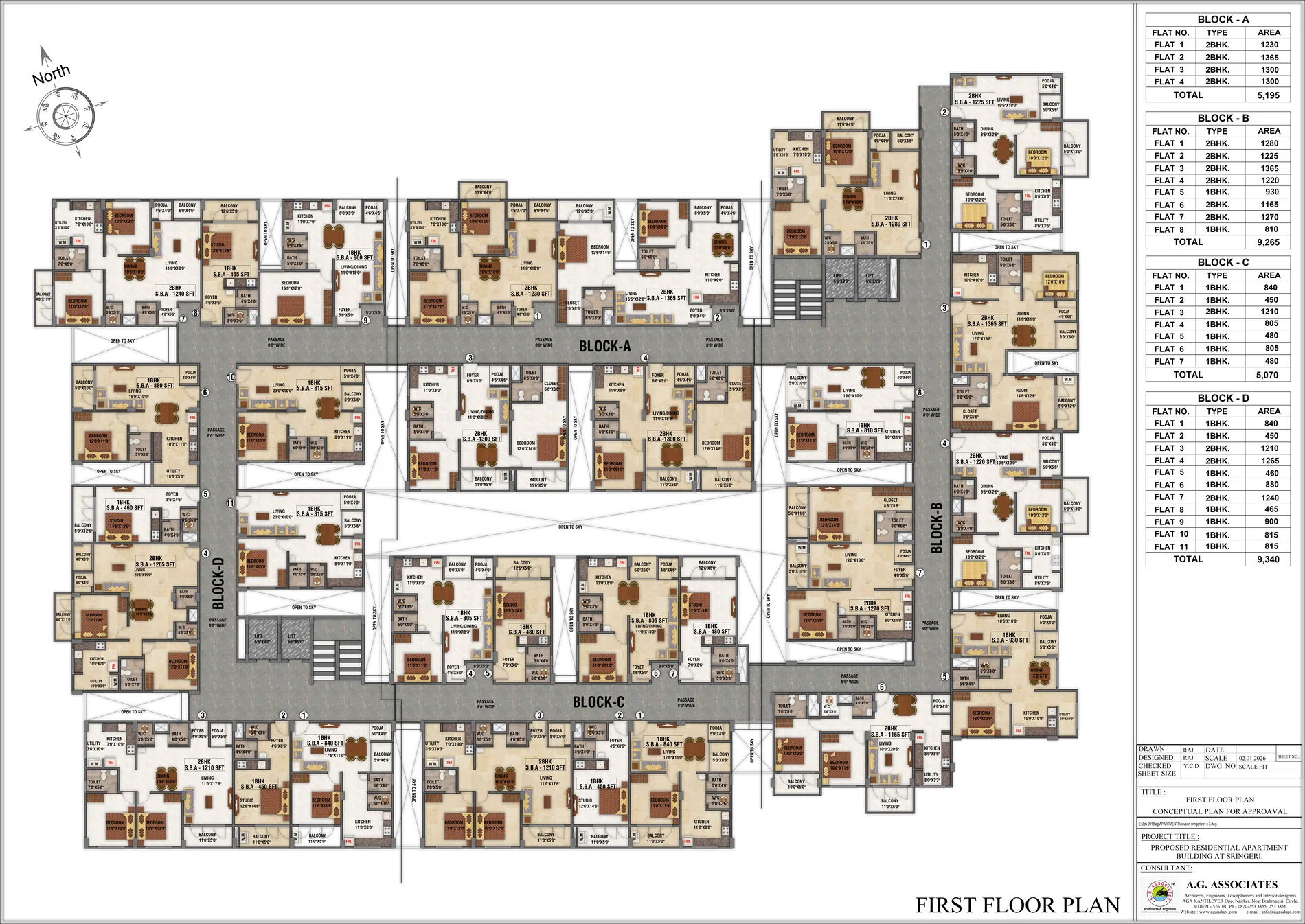First floor plan showing residences across Vani Vilasa Blocks A to D