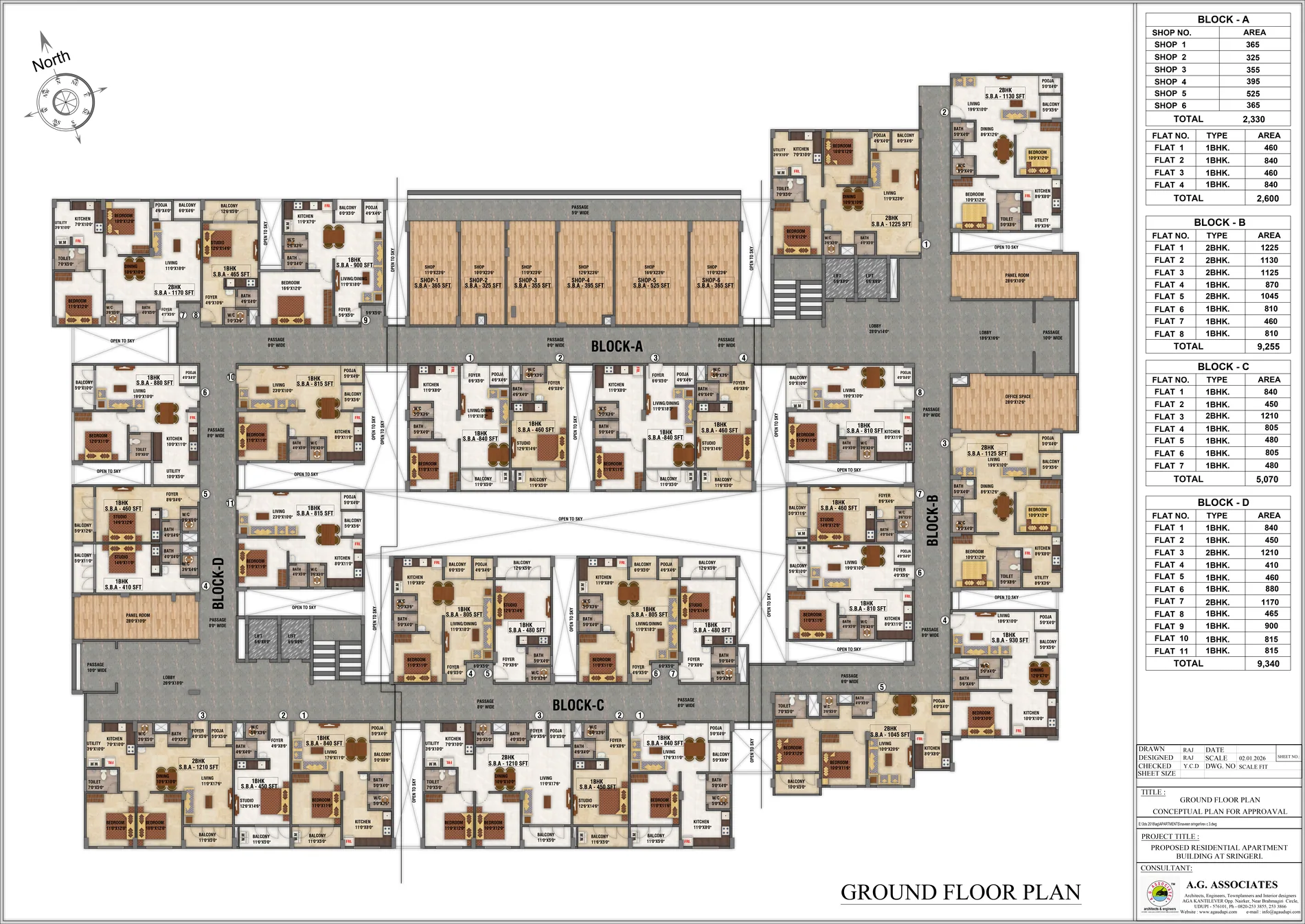 Ground floor plan showing Blocks A, B, C and D at Vani Vilasa